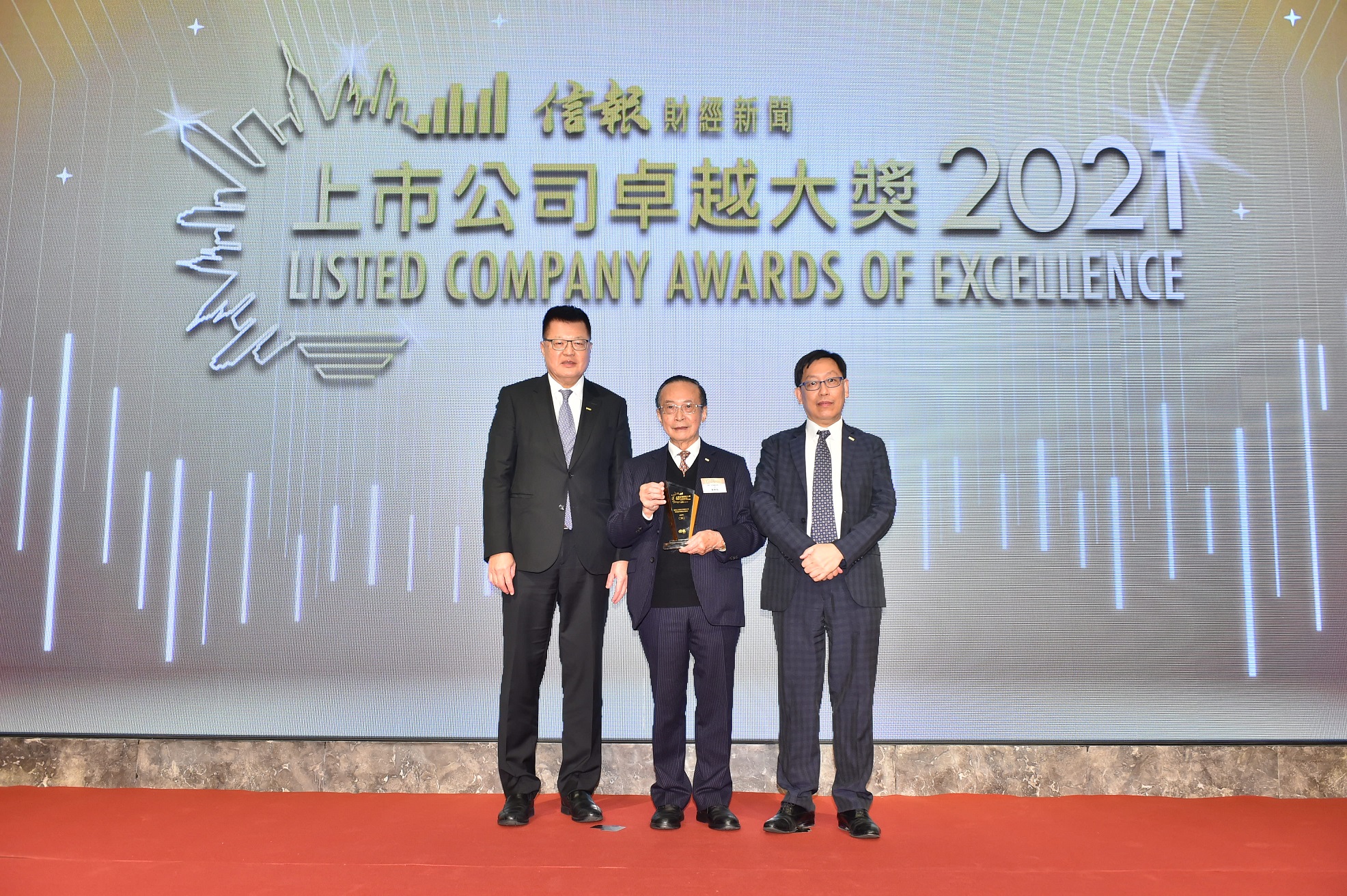 Photo 4: Analogue is honored to receive the “Listed Company Awards of Excellence 2021” by the Hong Kong Economic Journal for the second year in a row. Group Chairman Dr Otto Poon (centre), Mr Victor Law, Executive Director (left) and Mr Raymond Chan, Executive Director (right) receive the award on behalf of the Group.